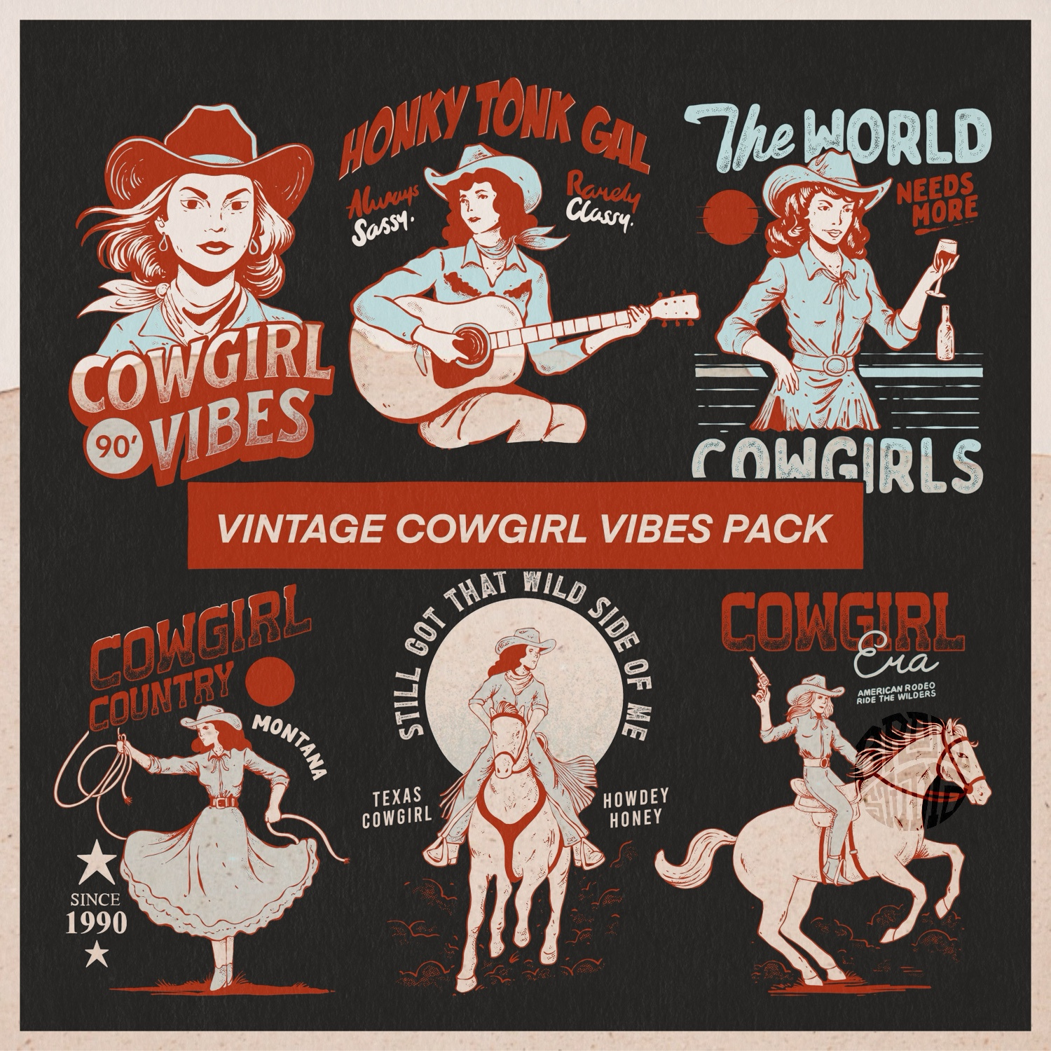 Vintage Cowgirl Vibes Pack adventures design cowboys cowgirls creative market icons illustration illustration merch montana outdoor lifestyle design retro texas vintage western