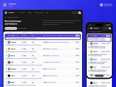 Crypsters: Exchanges & Brokers Ranking Interface brokers card crypsters crypto design exchange interface light list platform ui ui ux ux web website
