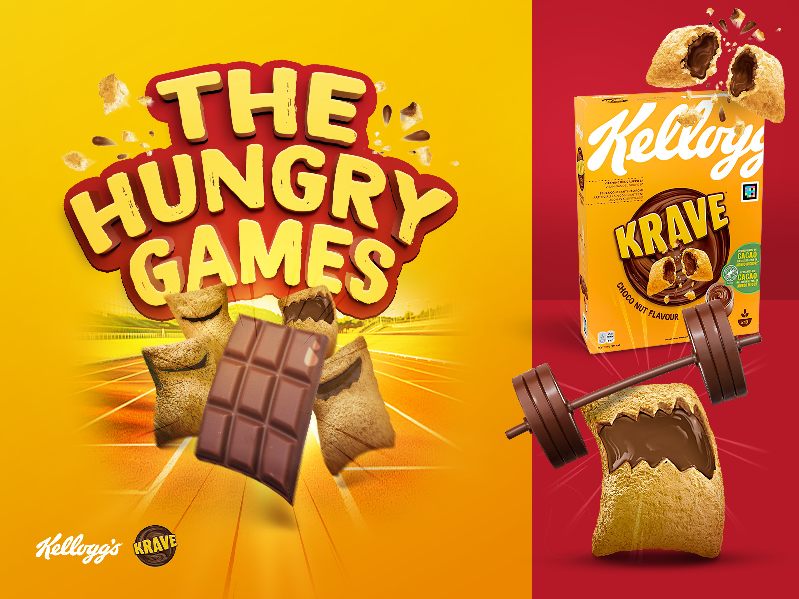 Kellogg's Krave - The Hungry Games Social Media Designs breakfast cereal cereal cereal mascots chocolade chocolade vulling chocolate chocovore chocovores crunchy graphic design kelloggs kelloggs krave cereal krave mascottes ontbijtgranen social media designs social posts square shaped mascots trésor