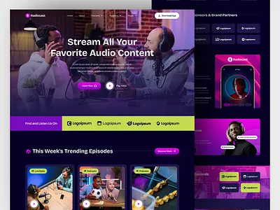 Radiocast - Radio Station & Podcaster Landing Page dark theme dark website elementor entertaiment landing page modern ui podcast website podcaster portfolio website radio station radio website recording streaming service template ui design ui inspiration uiux website wordpress