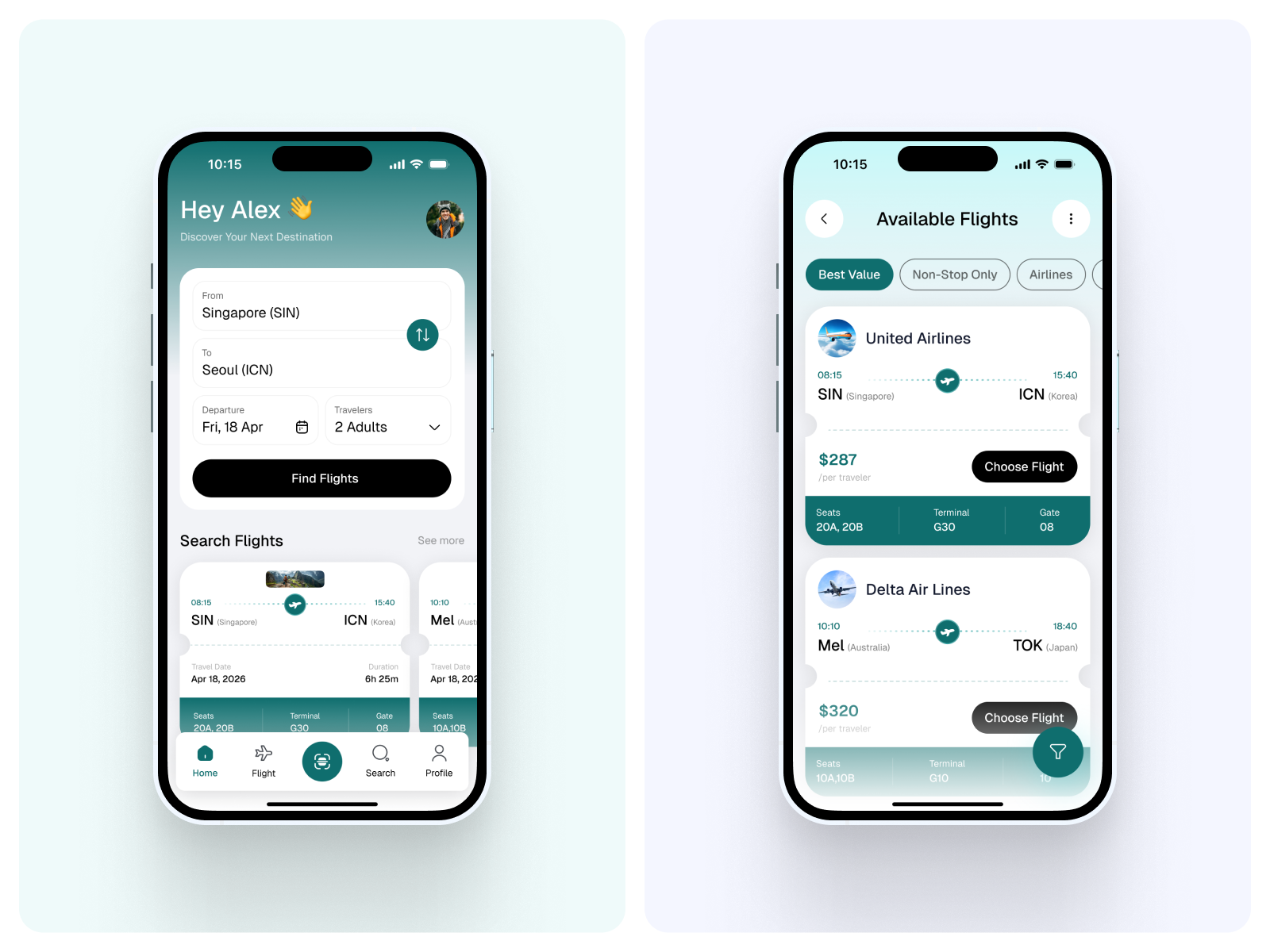 Flight Booking & Trip Overview Mobile App airline tickets app design boarding pass booking flow design filter chips flight booking flight search ios app itinerary mobile app navigation design prototype seat selection ticket details travel app travel booking trip overview user experience wireframe