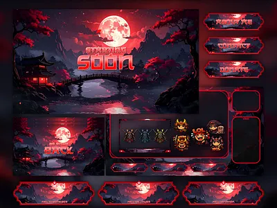Red Moon Samurai Animated Stream Overlay Pack | Twitch Overlay chinese overlays dark japan overlay dark japan twitch dark japanese twitch facecam frame gaming overlay japan overlay japanese overlay obs overlay overlay japanese red sakura overlay sakura moon overlay sakura night overlay stream overlay stream package stream screens twitch japanese twitch overlay vectorkingstudio vtuber overlay