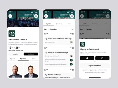 Event Mobile App Screens app design event details screen event mobile app figma get started page mobile design register page saudi media forum ui ui ux