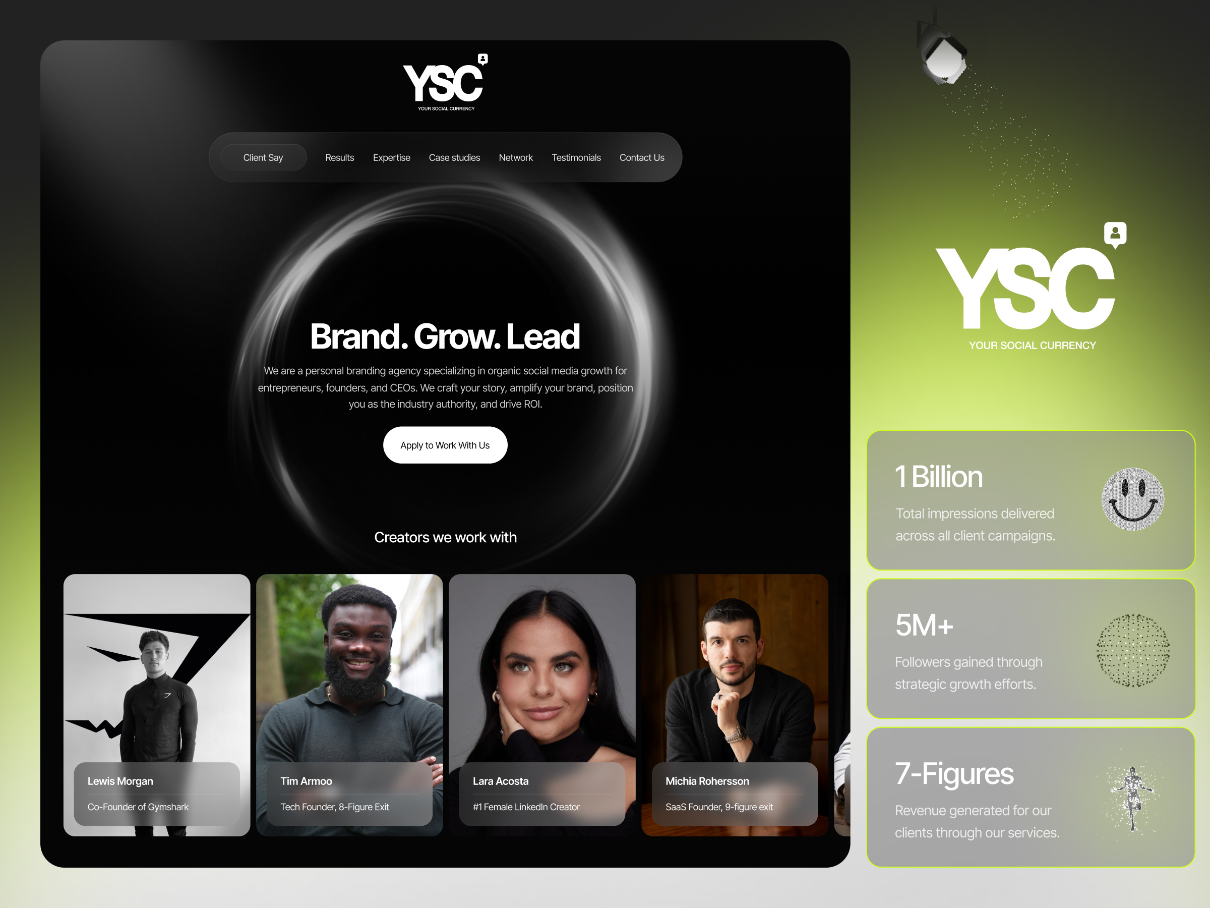 YSC – Influencer Marketing Brand & Website animation branding figma figma design graphic design illustration lottie animator marketing motion graphics ui uiux web design web developer webflow developer