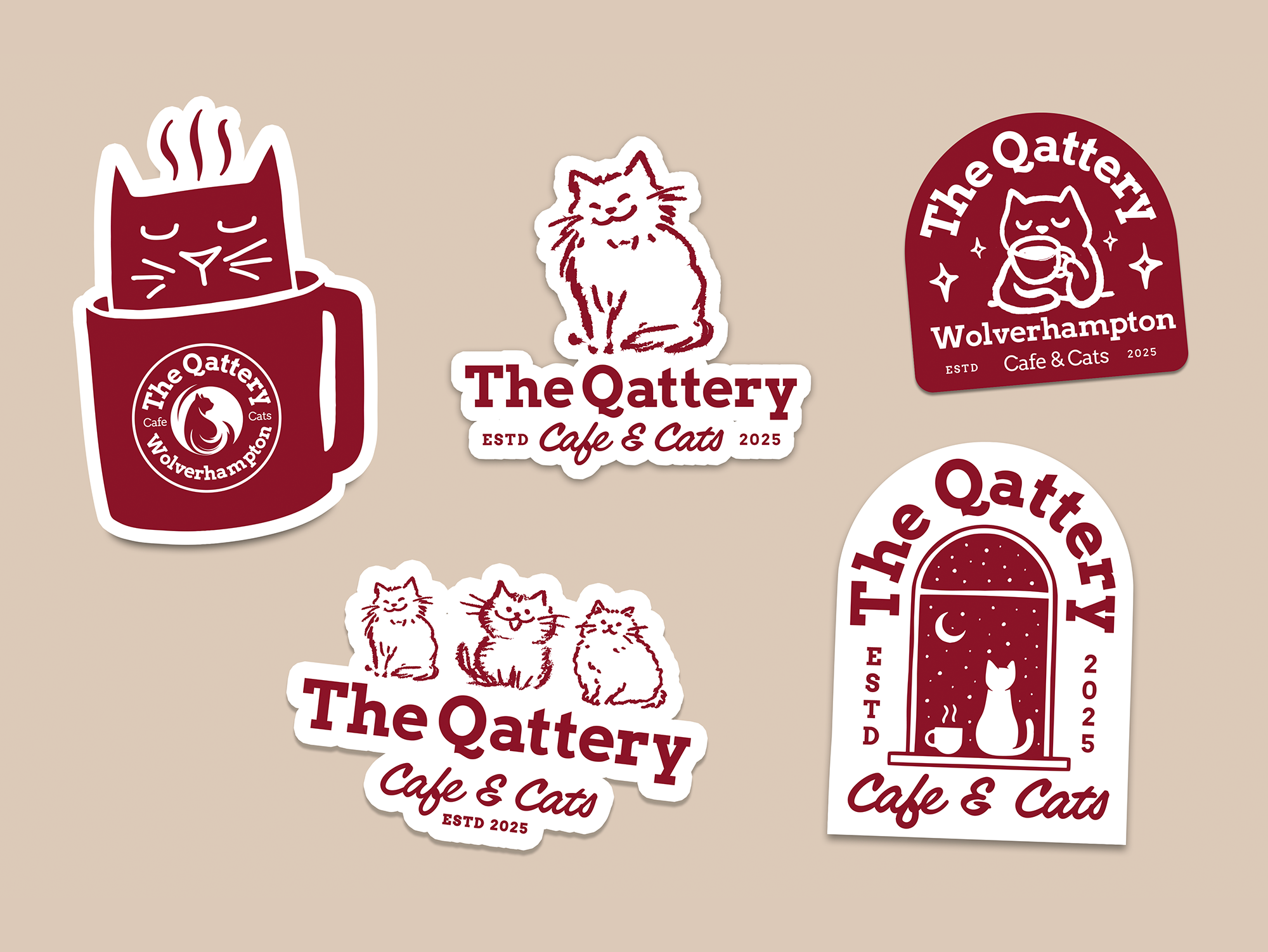 The Qattery Cat Cafe Wolverhampton Stickers badge branding cafe cat cafe cats graphic design illustration logo mascot stickers typography wolverhampton