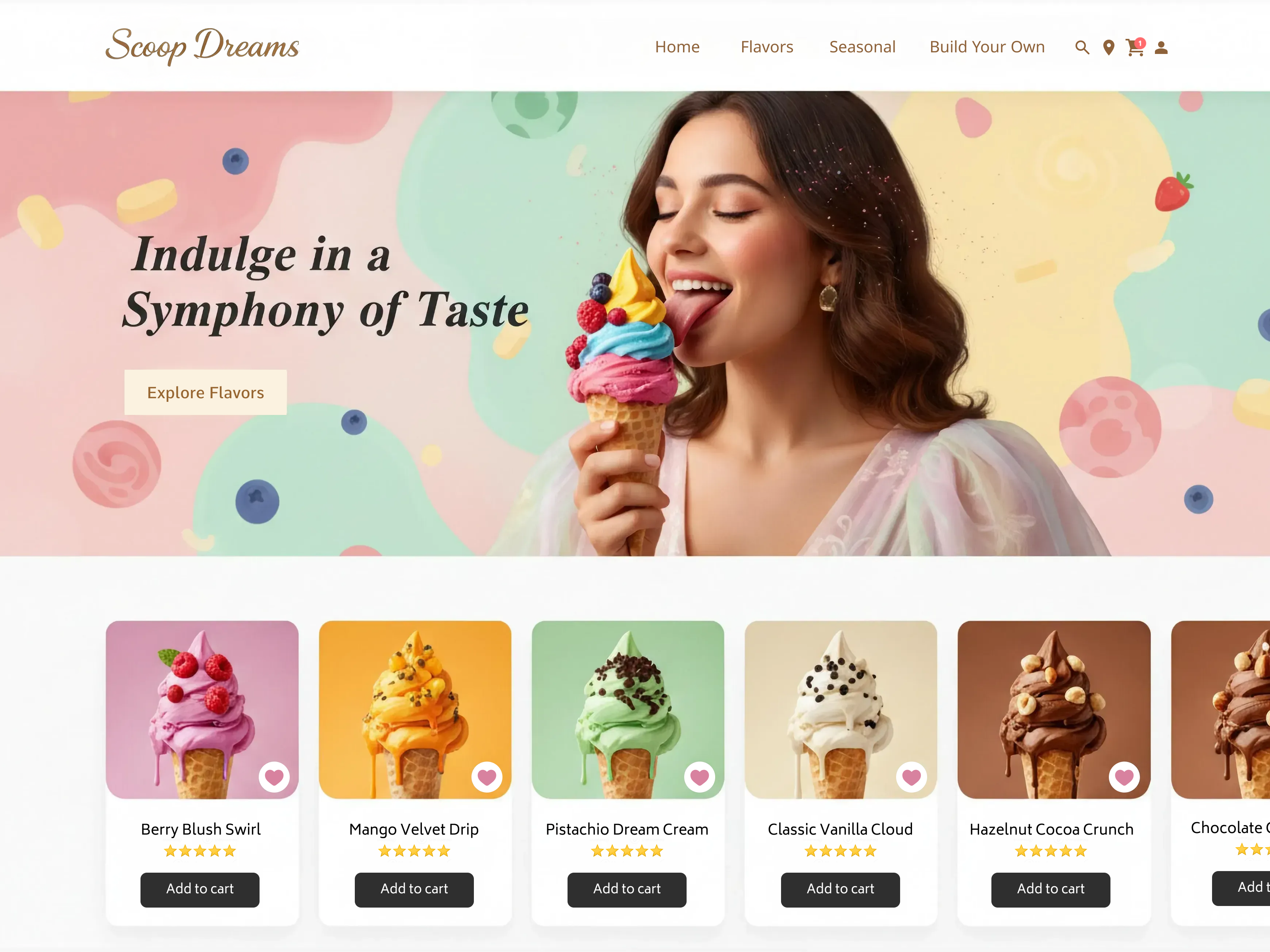 Ice Cream Ecommerce Website UI – Modern Dessert Brand Concept dessert brand ecommerce ui food app design food ecommerce food website design ice cream website landing page design modern website design pastel ui product card ui restaurant website shop ui ui ui ux design