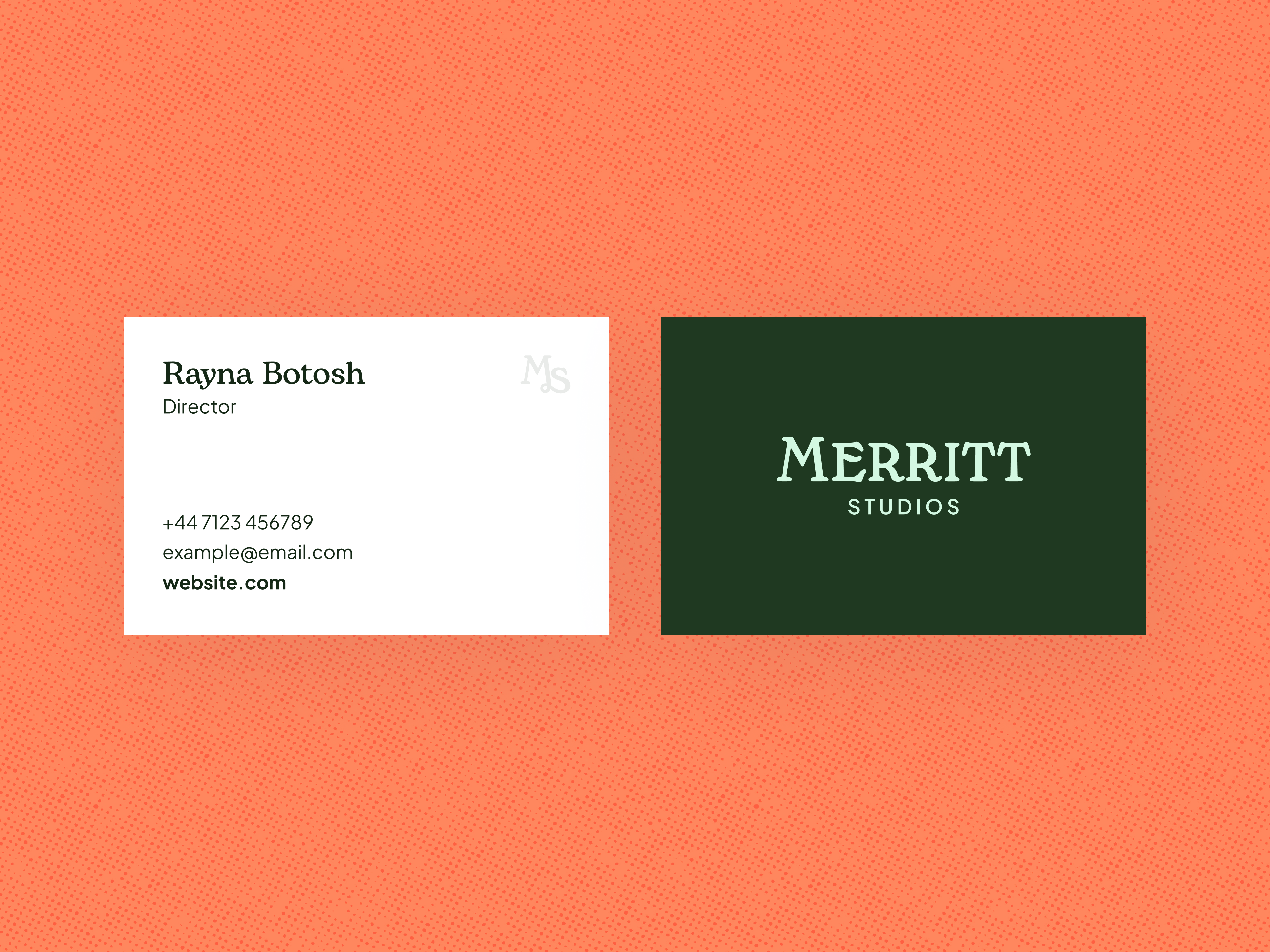 Merritt Studios Brand Collateral bogart font brand branding business card classic clean dark green delicate dot print graphic design logo minimal modern orange retro serif logo speckled texture vintage