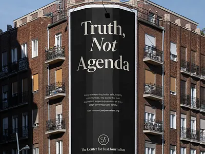 The Center for Just Journalism billboard brand branding design editorial graphic design journalism logo logo design logotype newpaper