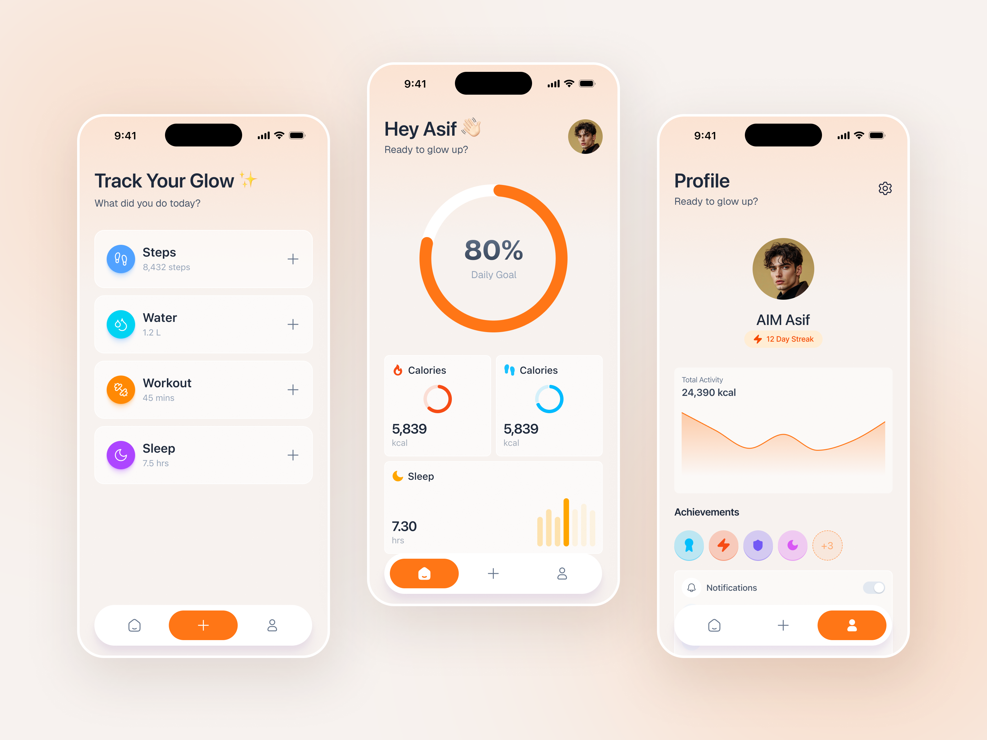 GlowUp — A Minimal Habit & Fitness Tracking App app ui calories chart figma figma ui health health tracking health ui mobile app mobile ui design progress sleep tracking ui uidesign uiux uxdesign water