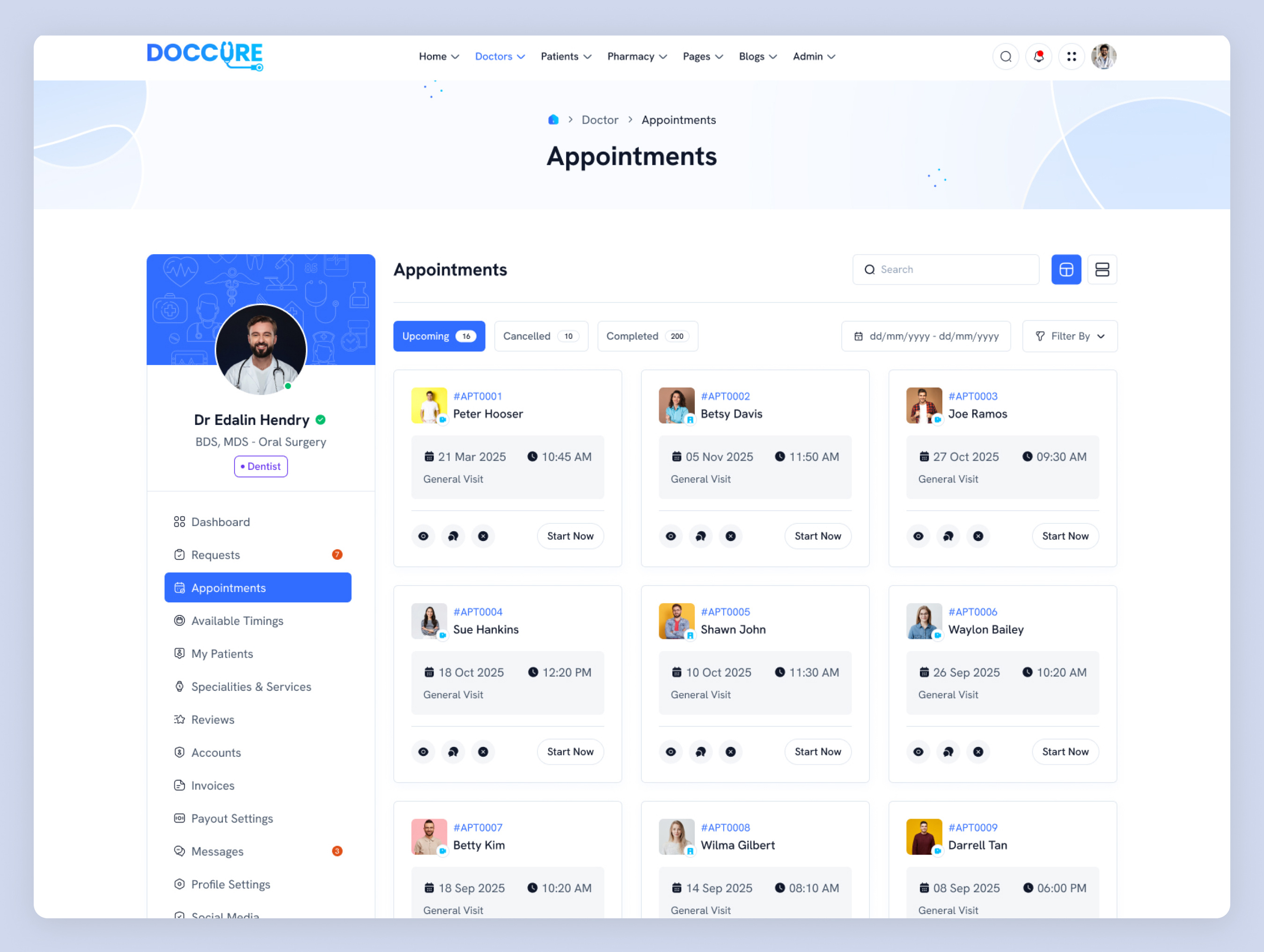 Doctor Appointments Dashboard | Doccure appointment list page appointment management system clinic admin panel clinic scheduling software doctor appointments dashboard doctor booking dashboard doctor panel template doctor scheduling interface healthcare admin dashboard healthcare management software healthcare web template hospital appointment system hospital management ui medical admin template medical appointment tracker medical dashboard html patient booking system patient visit management responsive medical template telemedicine dashboard