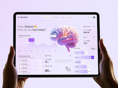 Mental Health & Healthcare Dashboard UI Design biometric tracking app data visualization ui digital health platform glassmorphism ui health app design health tech ui health tracking app healthcare analytics healthcare dashboard ui hospital management system medical app ui medical dashboard mental health dashboard patient monitoring dashboard saas dashboard design telemedicine app therapy app design ui ux design web app dashboard wellness app ui