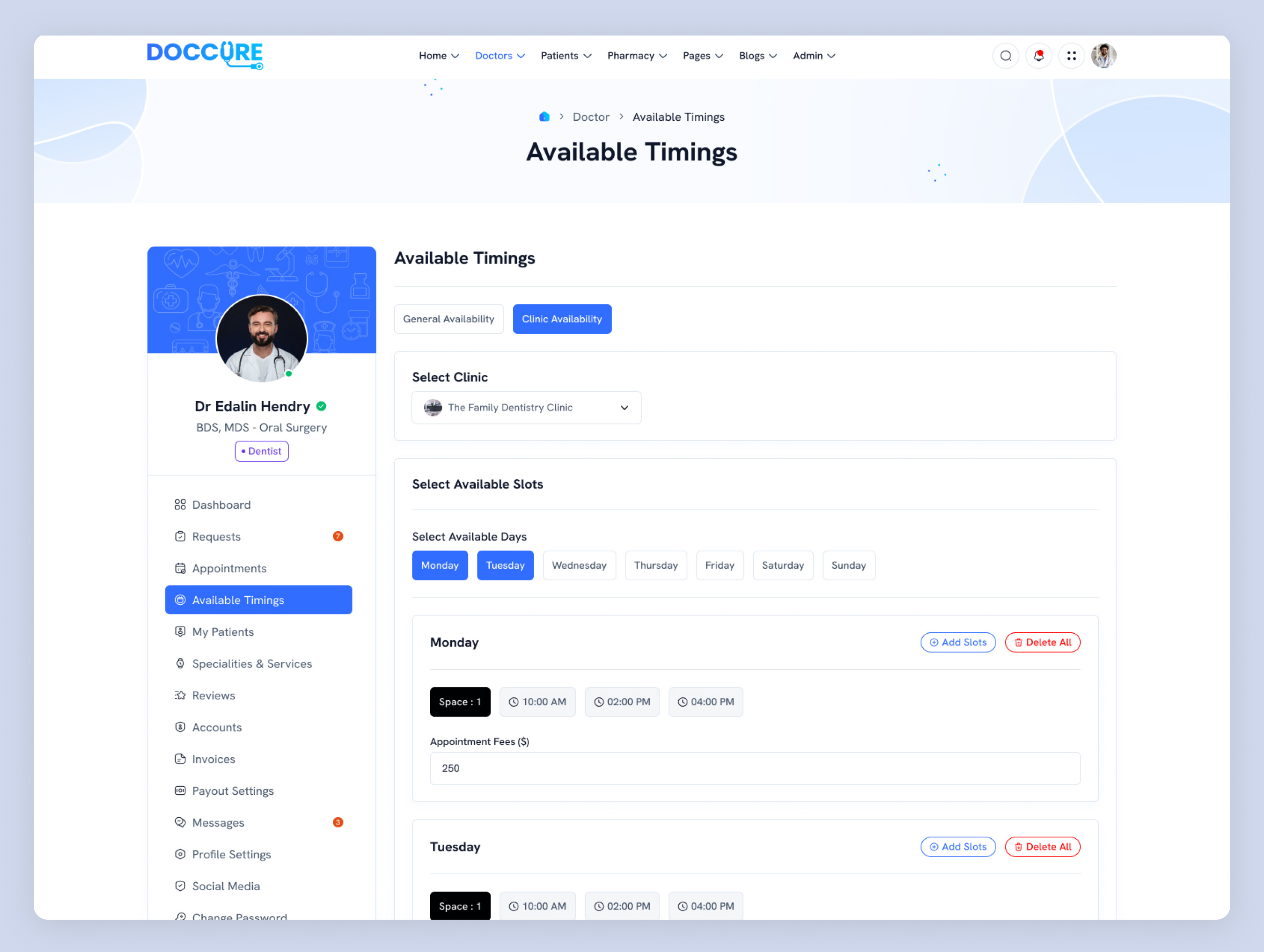 Available Timings Dashboard for Doctor Appointment | Doccure appointment slot scheduler clinic availability template clinic schedule setup clinic slot booking ui clinic working hours dashboard doctor appointment time slots doctor availability management doctor available timings doctor panel scheduling doctor time management page healthcare admin panel healthcare appointment system healthcare booking system hospital appointment planner hospital timing manager medical booking dashboard medical dashboard template medical scheduling template patient booking availability telemedicine schedule feature