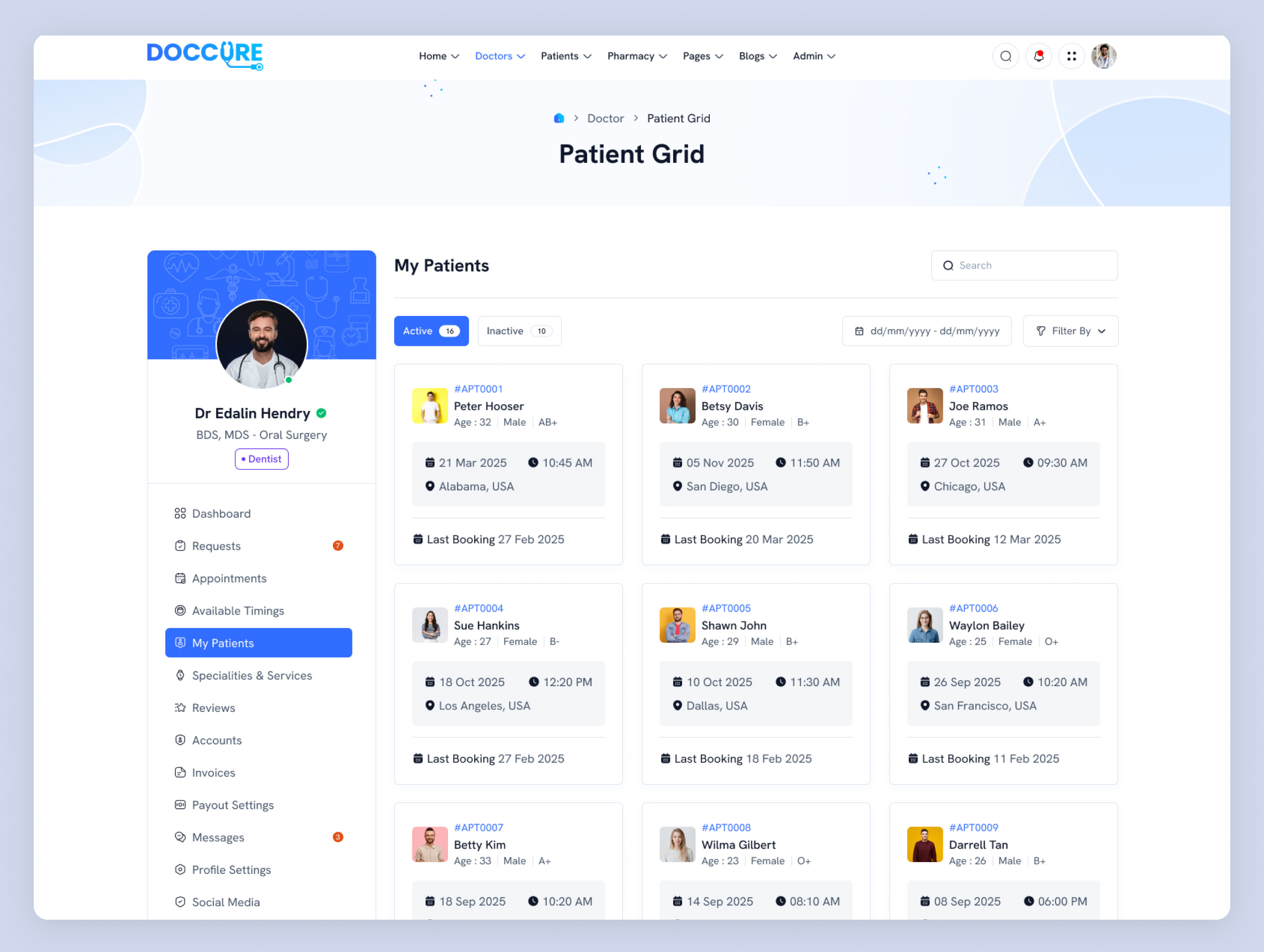 My Patients Grid UI Dashboard | Doccure appointment history tracking clinic admin panel template clinic patient list ui doctor clinic management ui doctor dashboard template doctor panel patient page doctor patient management healthcare management system healthcare patient records healthcare scheduling system hospital admin template hospital patient tracker medical booking platform medical dashboard html my patients dashboard patient grid layout patient profile cards patient record interface responsive medical template telemedicine patient dashboard
