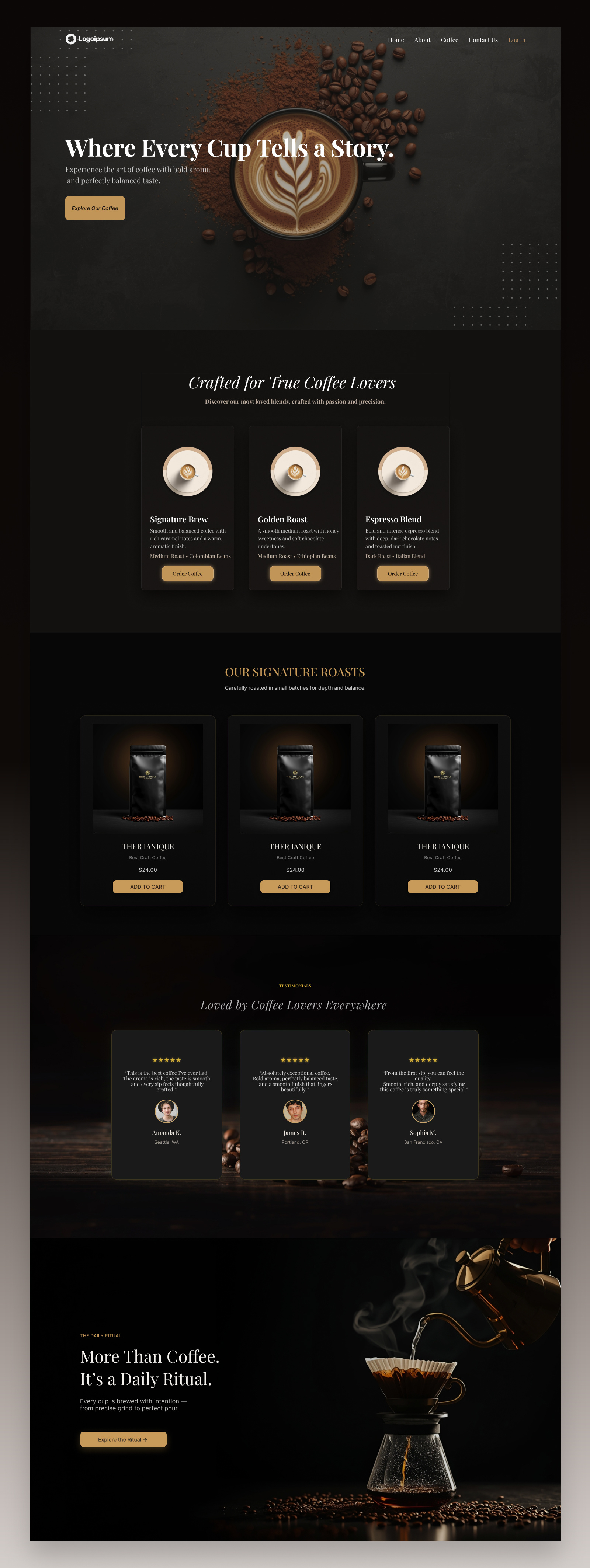 Coffee Website UI — Dark Theme Landing Page branding coffee landing page coffee website creative design dark ui design inspiration ecommerce ui hero section landing page minimal ui modern web design product design ui design user interface ux ui visual design web design web ui website concept website ui