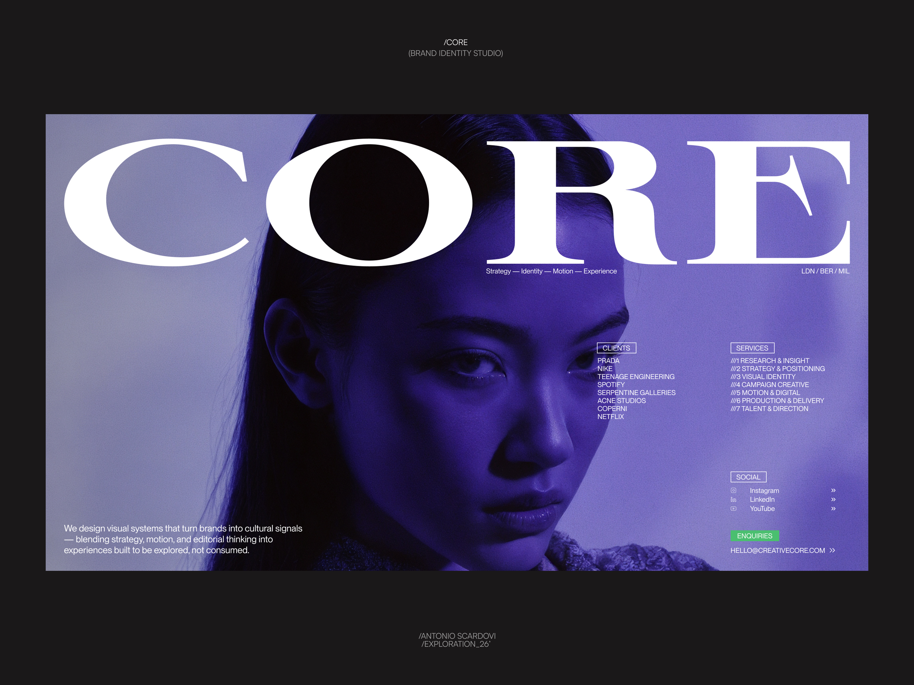 Experimental hero concept for a branding & visual design studio