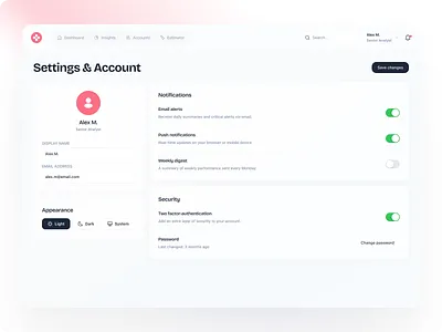 SaaS Settings & Account Management UI, Notifications, Security account management dashboard b2b product settings enterprise saas interface figma saas design minimal admin panel ui notification settings ui product design exploration profile management screen saas settings ui security settings dashboard toggle switch design system two factor authentication ui user preferences design