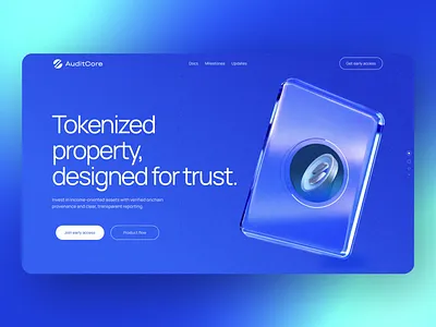 Web3 Tokenized Property Landing Hero Page apple design blockchain cleanui crypto crypto design cryptocurrency fintech futuristic glassmorphism interactive landingpage minimal modernweb onboarding property design real estates startup tokenizedassets web3 webappdesign