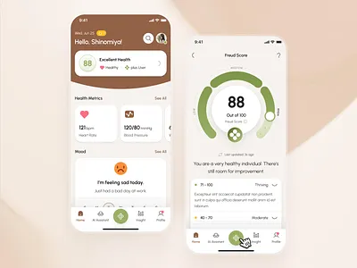 freud v3: AI Mental Health App - Home Screen & Smart Score ai mental health app ai mental health companion app brown clean flat freud ui kit green health score home screen home screen ui journaling app mental health dashboard ui mental health metrics mental health score minimal modern mood app simple strangehelix