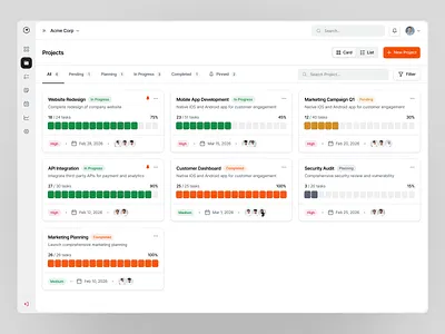 Starflow - Project Page button card card view clean dashboard dashboard ui grid view minimalist progress progress bar project project management saas saas dashboard saas design saas ui task management ui uiux web app