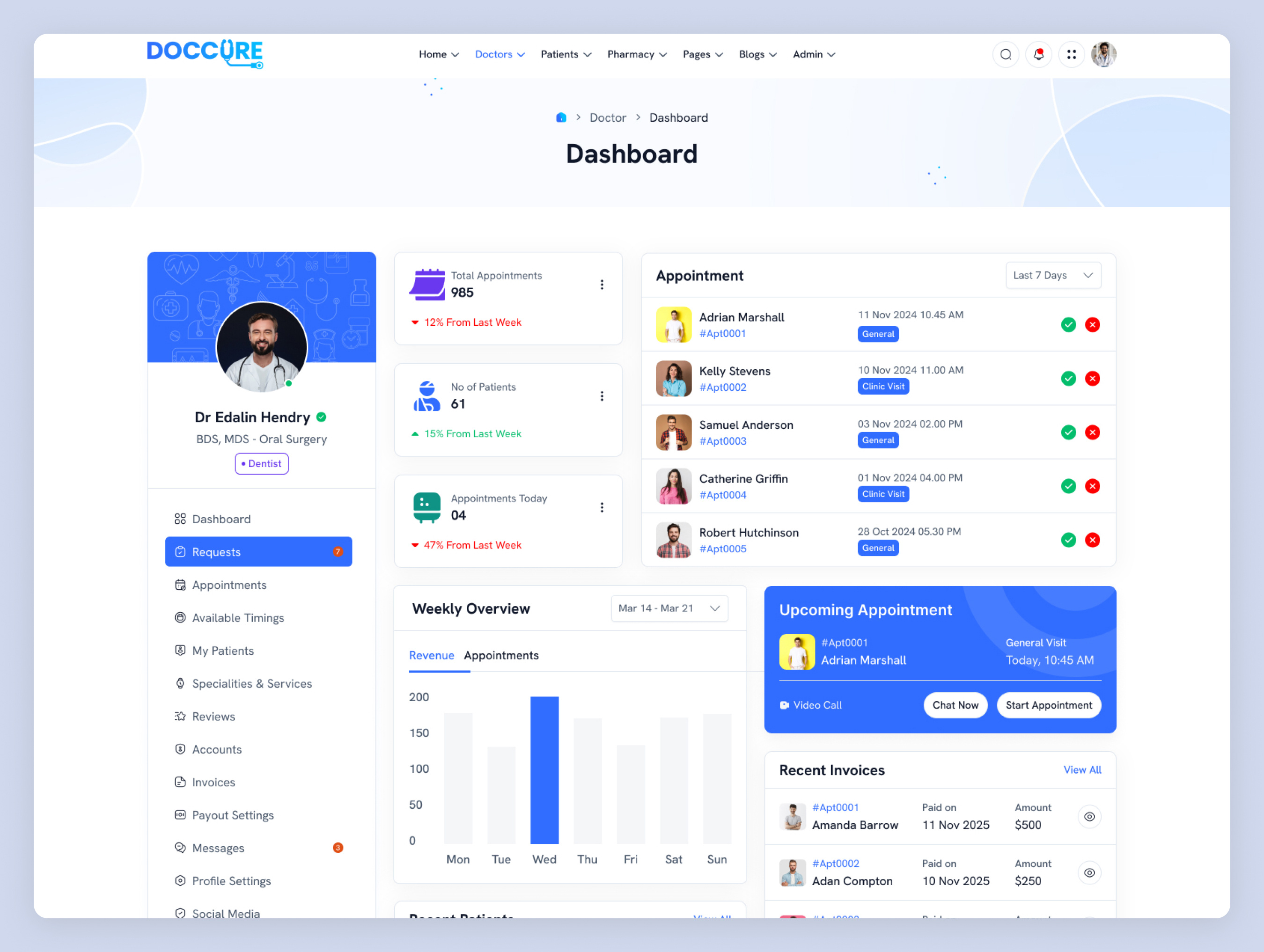 Doctor Dashboard Template for Clinic Management System |Doccure appointment summary panel clinic invoice tracking clinic performance dashboard clinic schedule overview doctor appointment dashboard doctor dashboard page doctor portal template doctor task management system doctor workflow panel healthcare booking admin healthcare dashboard html healthcare management ui hospital admin ui hospital doctor dashboard medical clinic admin panel medical reporting interface patient monitoring dashboard responsive medical dashboard telemedicine admin template
