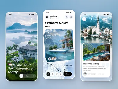 Travel & Adventure Mobile App UI Design adventure app app design booking app destination explorer explore app holiday planner hotel booking map integration mobile mobile app resort booking smart travel tour booking tourism app travel app travel mobile app trip booking app trip planner vacation planner