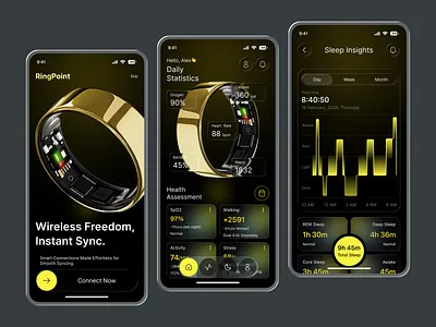 Ring Health Tracker Mobile App activity tracker app desing app ui inspiration biometric tracking dark mode ui fitness analytics fitness app fitness tracker health app health dashboard health tracker mobile app sleep tracking smart ring ui design ux design wearable app wearable ui wellness app