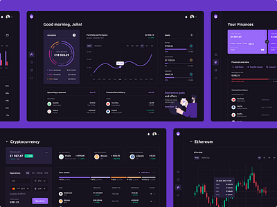 Vizier - A Comprehensive Dark Mode for Finance App accounts app balance banking candlestick pattern cards chart crypto dark mode dark theme dashboard data visualisation finance fintech goals investment money management product design stock market ui