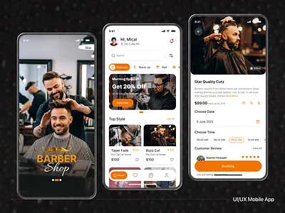 Barber Shop Booking Mobile App UI Design app design appdesigninspiration appointmentbooking appuidesign barberbooking barbershopapp barberui beautyappui darkthemeui dribbbleshot groomingapp hairstyleapp mobile app mobileappdesign mobileux salonbookingapp uidesign uxdesign