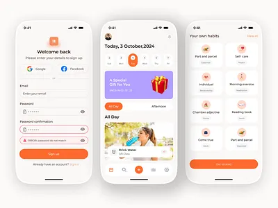 Smart Habit Builder Mobile App app design clean ui daily routine dashboard ui habit app habit tracker health app ios app design lifestyle app minimal ui mobile mobile app design mobile app ui onboarding ui productivity app routine planner self improvement signup ui ui ux design wellness app