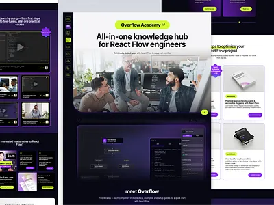 Overflow Academy – React Flow Learning Platform Website branding dark ui design system developer tools education platform figma gradient graphic design landing page learning platform product design react flow saas tech ui design ux design web design webflow website design
