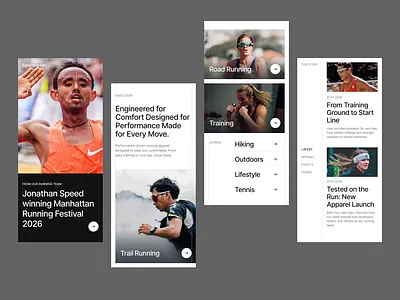 Running Apparel Mobile — Editorial & Commerce Experience bold branding clean commerce design editorial layout magazine mobile photography responsive running shopping typography ui ux website whitespace