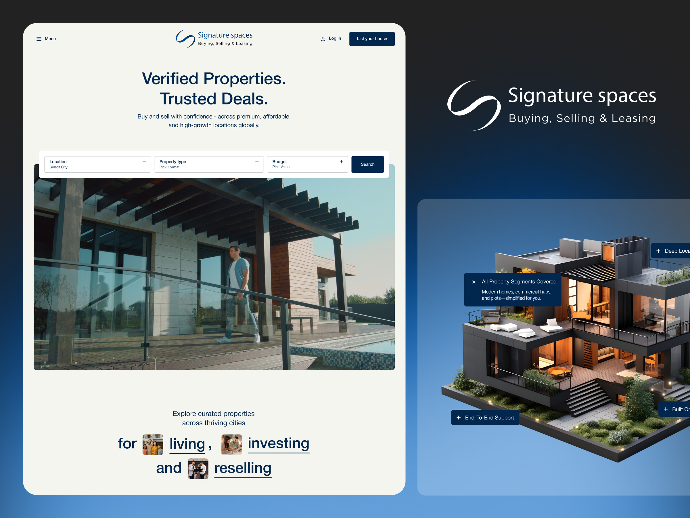 Signature Space – Real Estate Website 3d animation branding figma figma design graphic design illustration property listing real estate spline ui web design web developer webflow webflow developer website