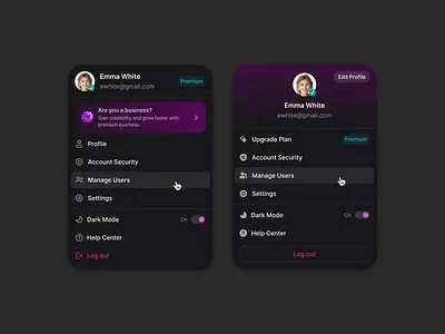 Menu Dropdown UI Components (Dark Mode) appdesign branding components darkmode dashboard design ui ux webdesign