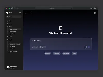 Luna AI – Modern Chatbot Interface ai artificial intelligence chatbot dashboard design graphic design logo moon ui uiux website website design