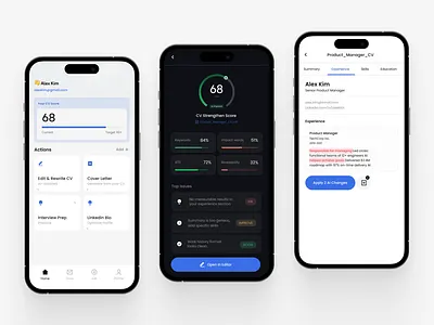 AI-Powered Resume Enhancer · Mobile App UI 8pt grid ai ux ats optimization career tech clean ui cv enhancer dark ui data visualization document editor generative ai golden ratio inline editing ios design mobile app mobile ui product design progress ring resume design score dashboard type scale