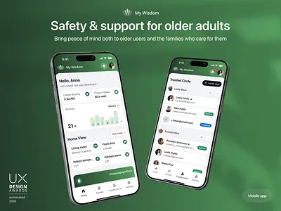 Nominated UX Design for Home Care Medical App — MyWisdom animation creative mobile app health website healthcare app healthcare icon healthcare logo home care home care logo medical dashboard medical landing page medical web app medical website design mobile app ui mobile ux old age home online platform ui ux phenomenon studio ux design awards uxda web design inspiration