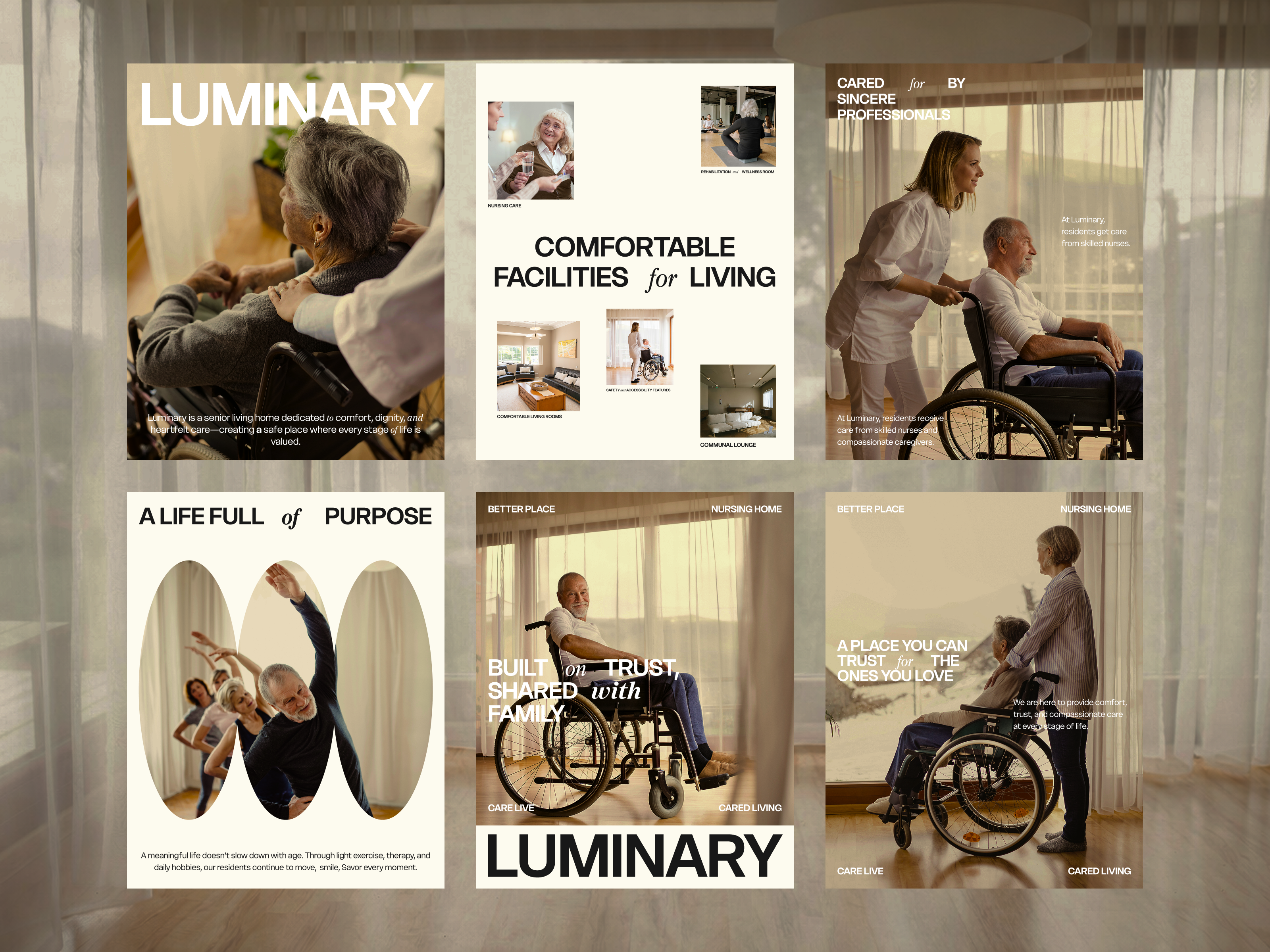 Luminary - Feed Instagram Concept artdirection brandidentity carehome cleanlayout editoriallayout healthcarebranding instagramfeeddesign lifestylebrand luxuryliving minimaldesign modernbranding nursinghomedesign posterdesign seniorliving socialmediadesign typographylayout uivisualdesign visualidentity warmaesthetic wellnessbrand
