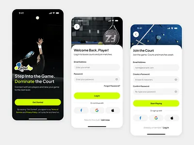 Onboarding, Login, & Sign-Up Screen - Padel Community [PadelUp] authentication cleandesign login minimalui mobile app mobileui moderndesign onboarding padel productdesign signup sport ui ui design ui ux ux