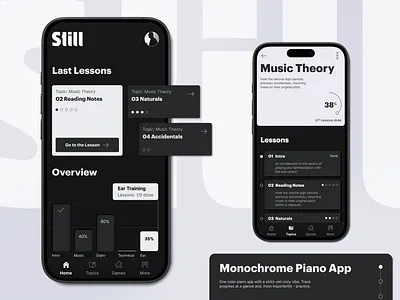 Still — Monochrome Piano Learning App appdesign blackandwhite dark ui designconcept illustration mobile mobile app mobileui monochrome musicapp piano typography ui uidesign