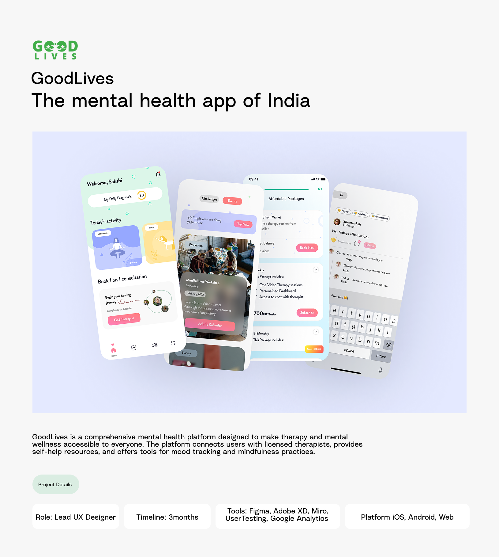 GoodLives The mental health app of India ai app branding doctor booking figma healthcare mental health telemedicine ui video conference