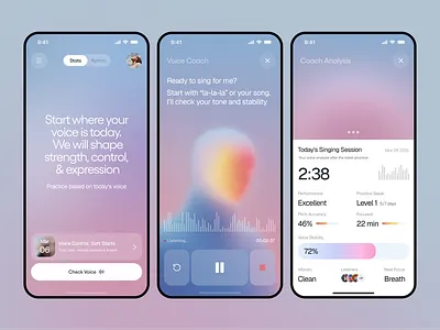 AI-Powered Vocal Coach Mobile App Design aesthetic ai app ai powered app android app blue coach app educational ios app learn learning mobile app design music pink product recording app singing song ui vocal app vocalize app