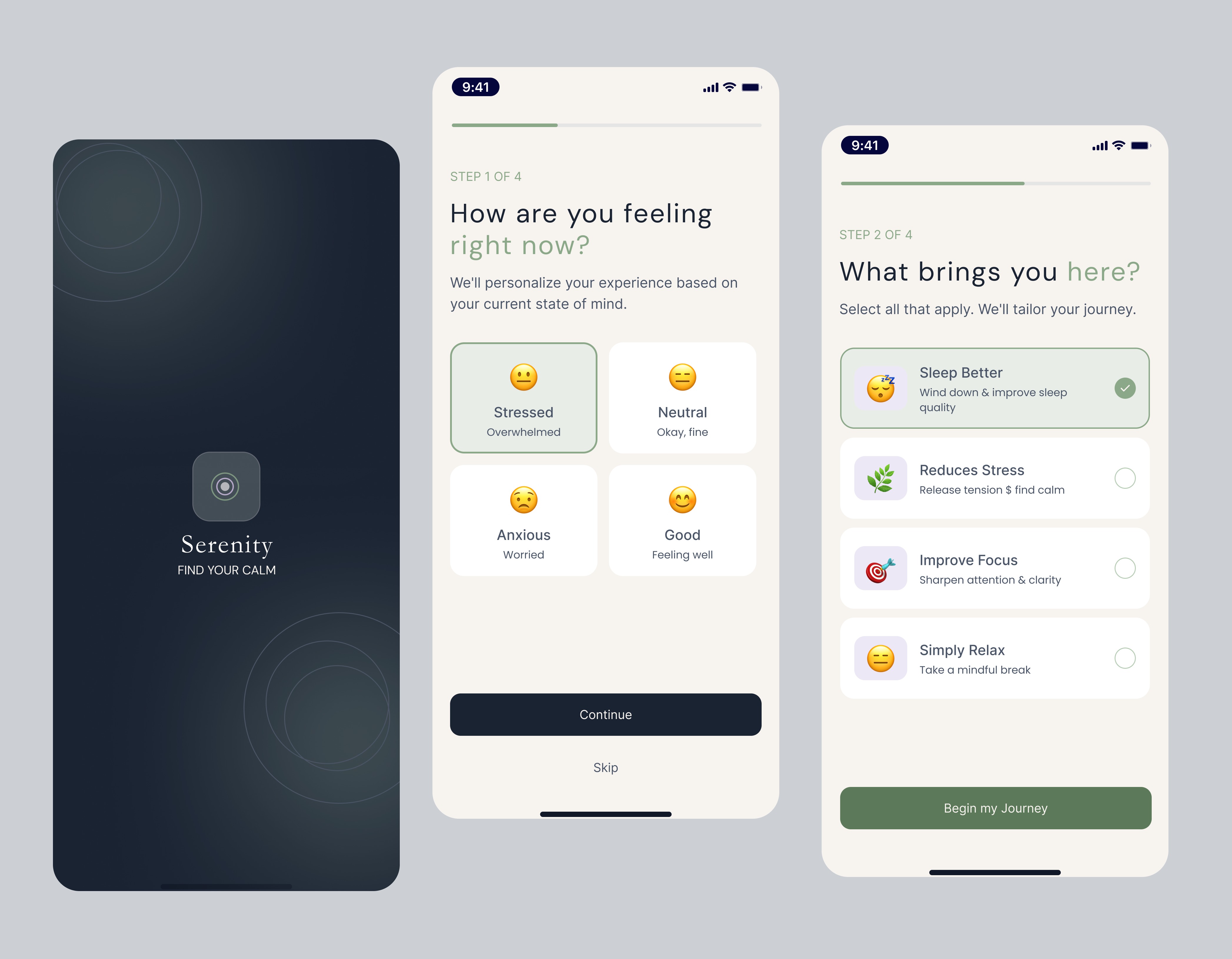 Serenity — Meditation App Onboarding & Splash UI 🌿 appdesign calmdesign meditationapp mobileappdesign onboardingdesign productdesign uidesign uxdesign uxinspiration uxportfolio