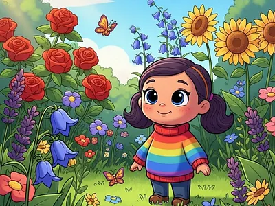 The Secret Garden 🌈✨ | Character Design 2d art book cover design butterfly art cartoon style character design childrens book illustration childrens illustration niche concept art cute girl character digital art floral illustration garden scene illustrator portfolio kids illustration picture book art rainbow sweater storybook art vibrant colors visual storytelling whimsical illustration