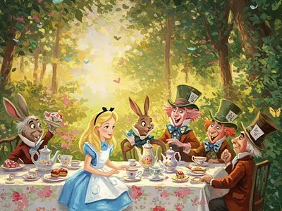 Curiouser & Curiouser | Alice in Wonderland alice in wonderland book cover art character design childrens book illustration childrens illustration niche classic tales concept art digital painting fairytale illustration fantasy art fine art illustration forest background mad hatter magic realism narrative art painterly style storybook art tea party visual storytelling whimsical art