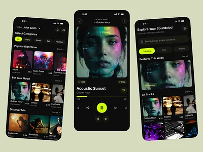 Neon Music Streaming App UI – Dark Mode Mobile Experience app ui dark mode ios design mobile app music app music player neon ui product design ui design ux design