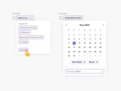 Due date calendar date dropdown due date figma notification product design recurring select selected suggestions task ticket time ux web