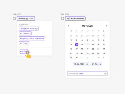 Due date calendar date dropdown due date figma notification product design recurring select selected suggestions task ticket time ux web