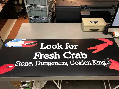 “Look for Fresh Crab” – Seafood Department Hand-Painted Sign chalk art style custom typography environmental graphics experiential design grocery branding hand lettering in store signage retail design visual merchandising whole foods
