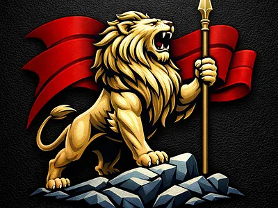 Golden lion emblem roaring with spear and red banner on textured courage emblem golden lion golden spear heraldic lion leather texture lion lion crest lion emblem lion flag lion holding spear lion logo lion with spear majestic lion power lion rampant lion red banner lion red cape lion roaring lion royalty lion strength symbol textured background