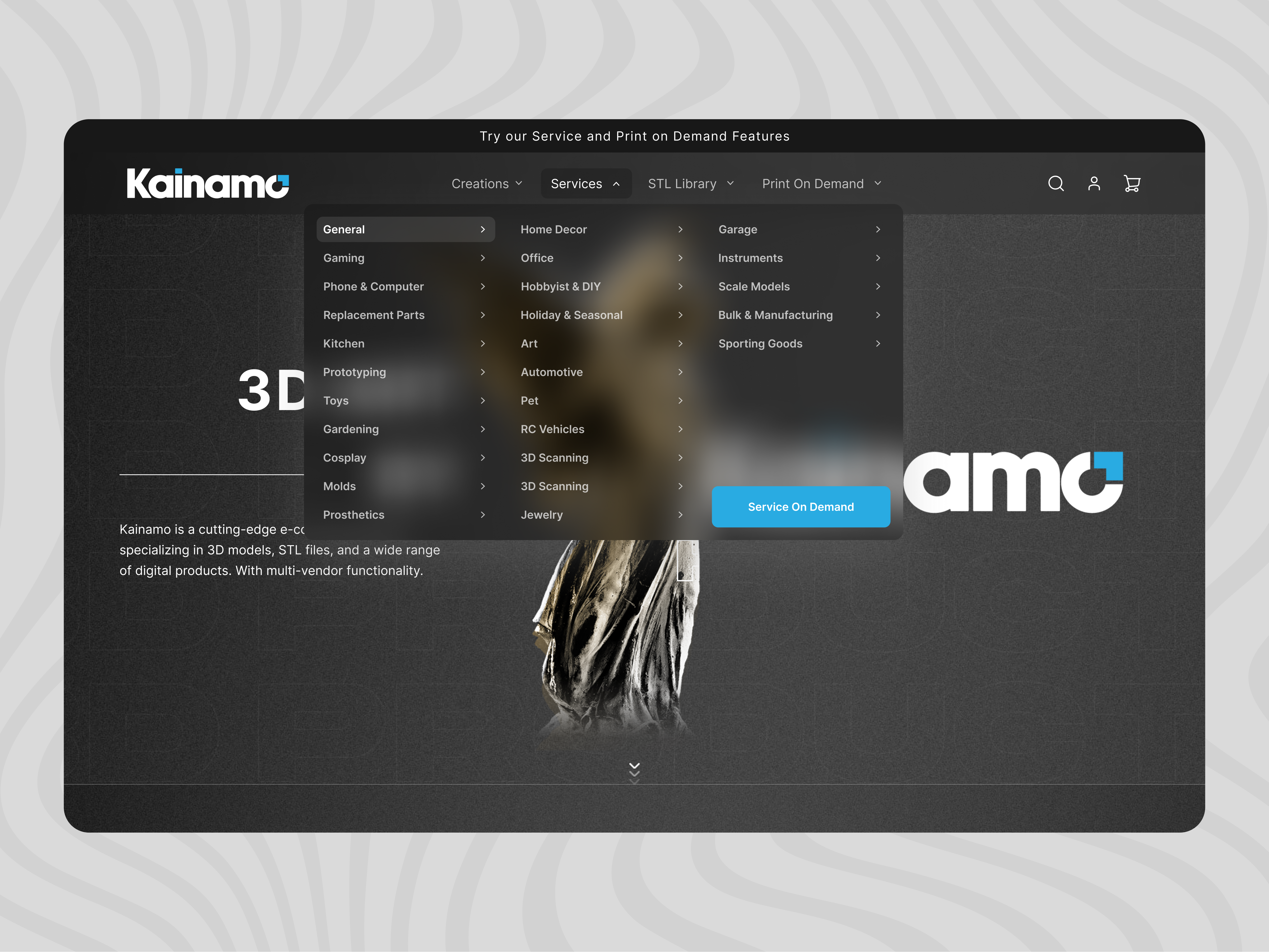 3D Marketplace Landing Page & Navigation Concept darkui ecommerce landingpage marketplace megamenu navigationdesign productdesign uidesign uxdesign webdesign